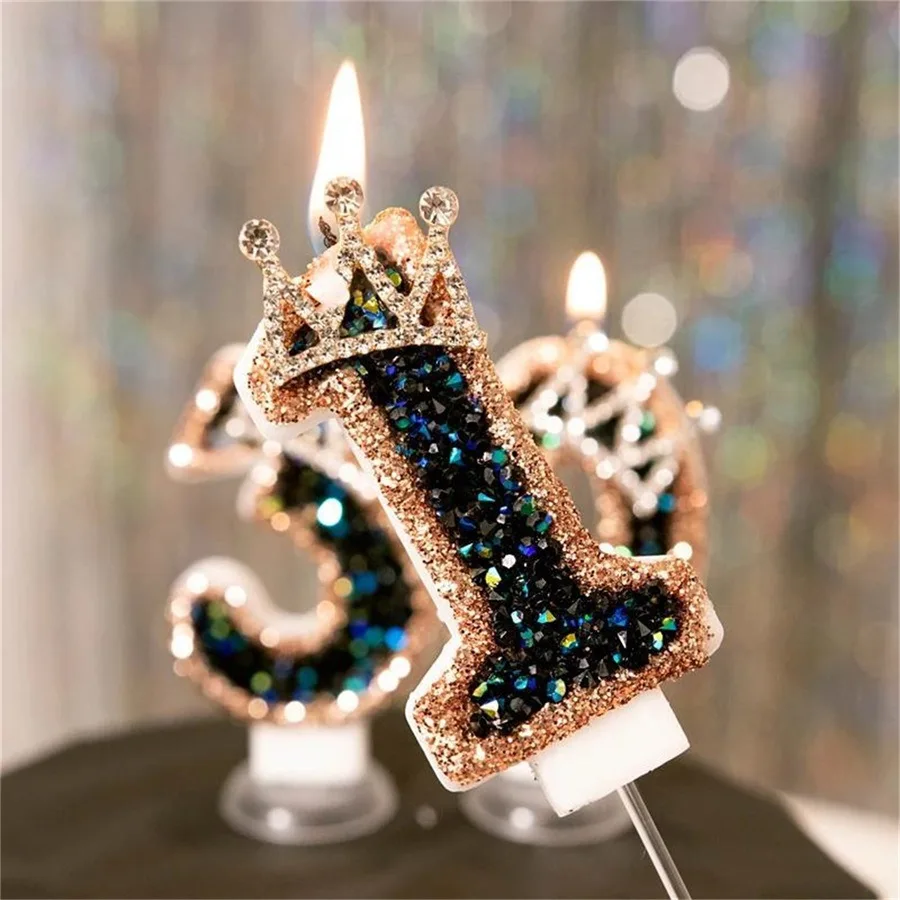 Luxury Crown Number Birthday Candles, Glitter Rhinestone Cake Topper Candles for Party Decoration, Anniversary, Wedding, Baby Sh