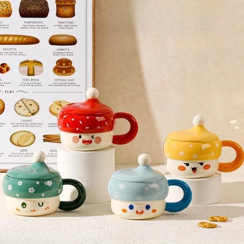JUSTINLAU Soft and Cute Mushroom Shaped Ceramic Mug with Large Capacity and Lid High Aesthetic Value for Girls Desktop Water Cup