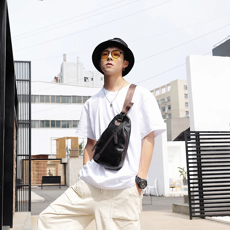 حقيبة صدر للرجال متعددة الجيوب من جلد البولي يوريثان، سعة كبيرة، متعددة الوظائف، حقيبة ظهر قطرية للتنقل، حقيبة كتف