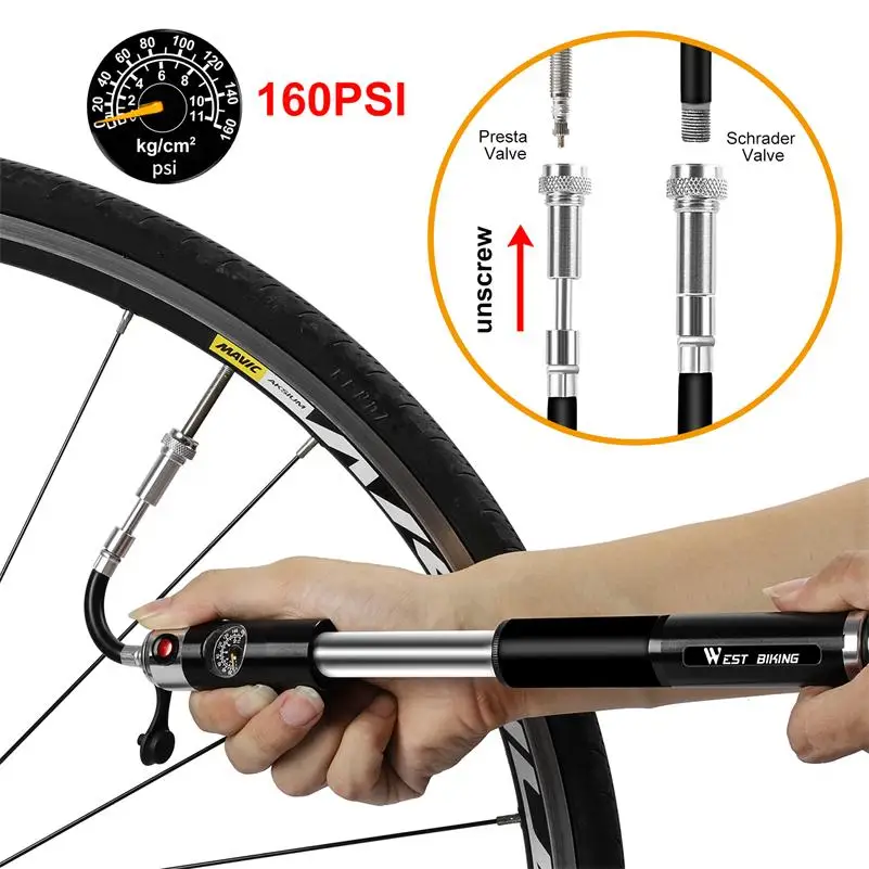 WEST BIKING Portable Bicycle Pump 160Psi Pressure Schrader Presta Fork Tire Shock Bike Inflator Bomba Bicicleta Bike Air Pump