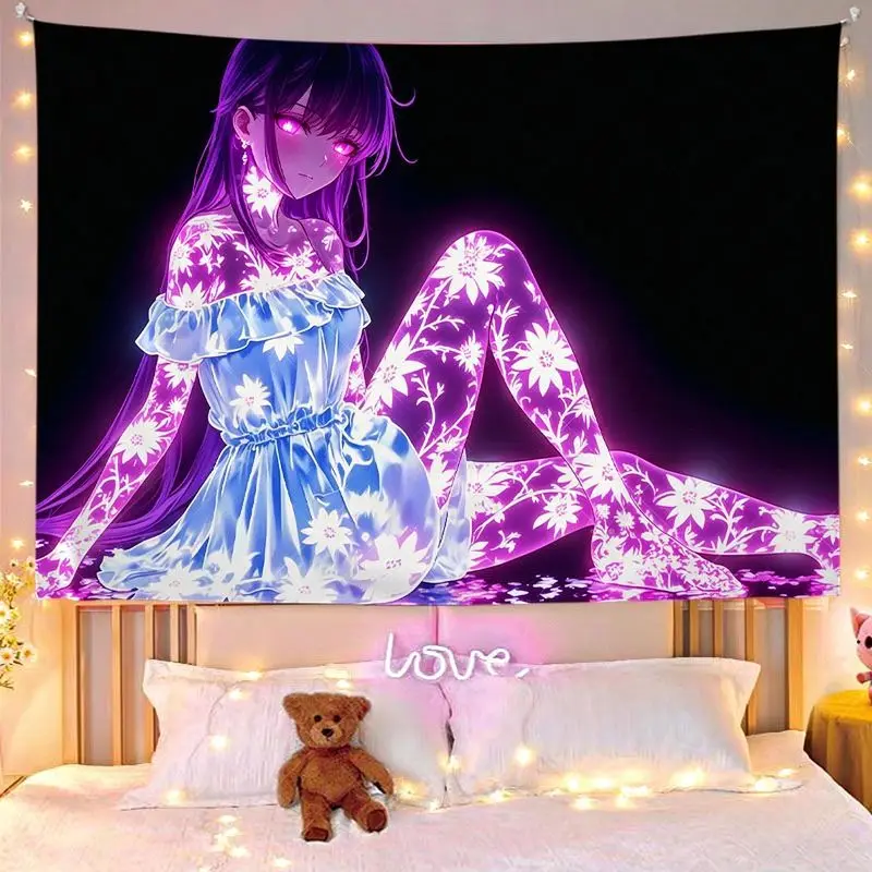 VIKAMA Orange Fire Anime Girl Dragon Tapestry Home Art Piece Wall Decor Bedroom Dorm Neon Glowing Cool Soft Durable Cozy Gift