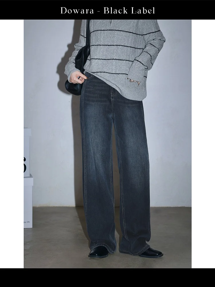 

plus Size Women's Casual High Waist Fce Lined Distred Denim Jeans Autumn Winter Straight Leg Zipper Closure Ladies Jeans