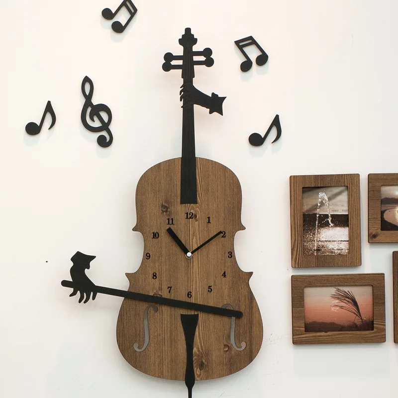 Creative Wooden Wall Clock Music Classroom Cello Note Decoration Living Room Clock Silent Clock Living Room Decoration