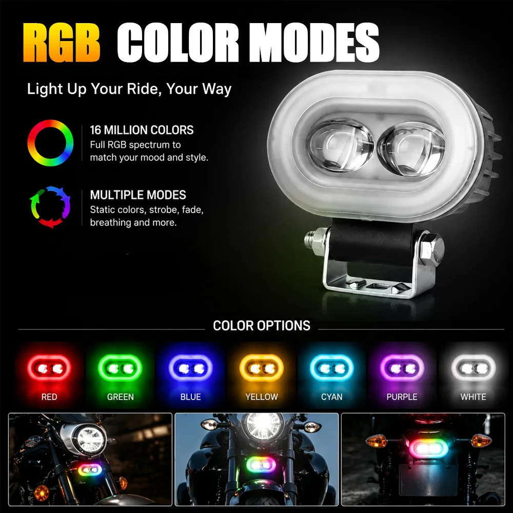 Motorcycle LED Auxiliary Spotlights RGB Colorful Angel Eye Dual Lights Hi/Lo Integrated Headlight Strobe With Horn External