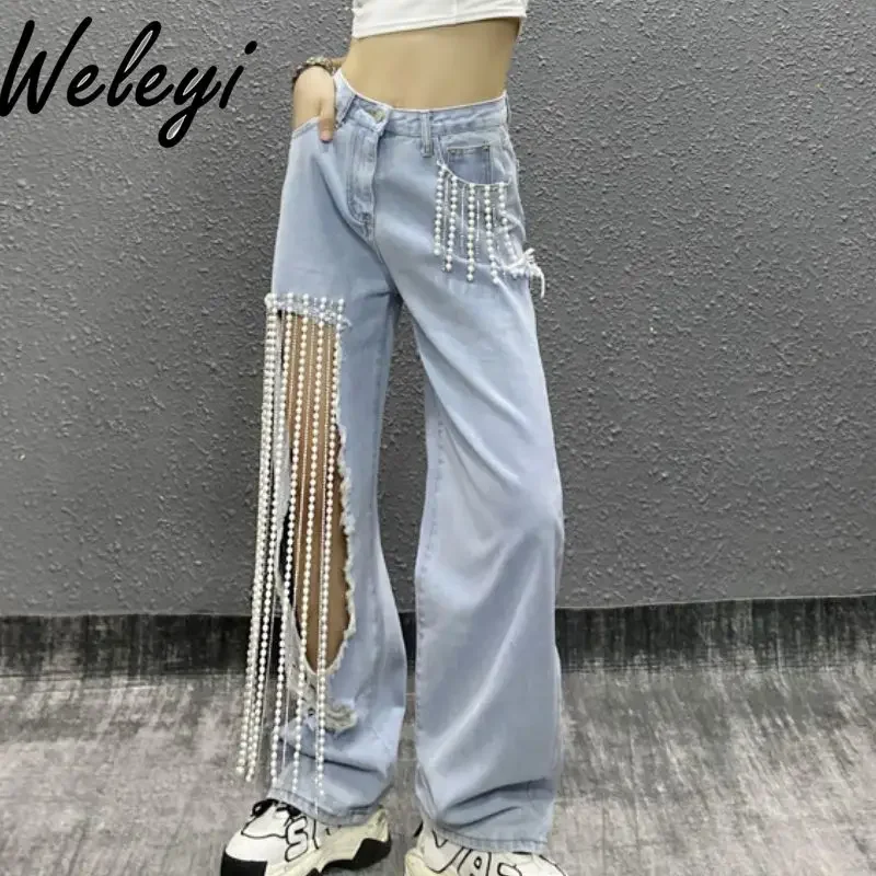 

Women's Summer Bead Ripped Chain Jeans 2025 New High Streetwear Loose High Waist Slimming Straight Light Blue Denim Pants Female