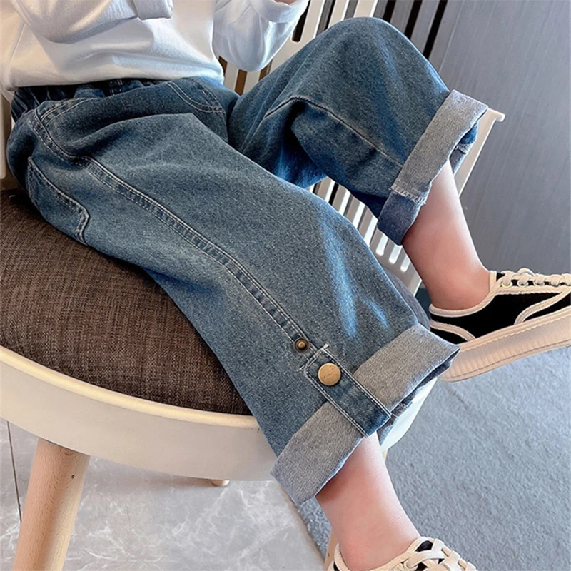 Girls Mid-waist Metal Double-button Jeans Children's Foreign Flavor Straight Jeans Baby Girls Casual All-match Wide-leg Pants