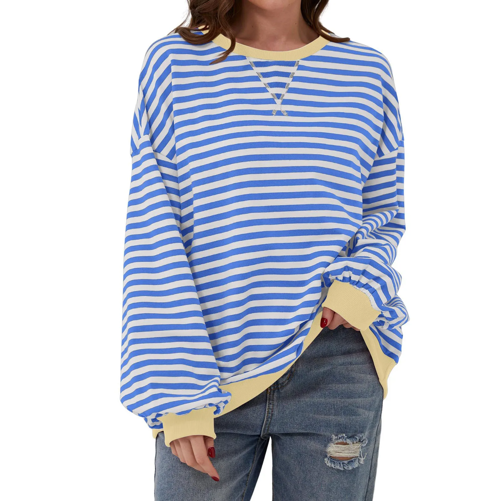 

Women Striped Oversized Sweatshirt Crew Neck Pullover Comfy Fashion Outfits Clothes Cute Relaxed Fit Tops