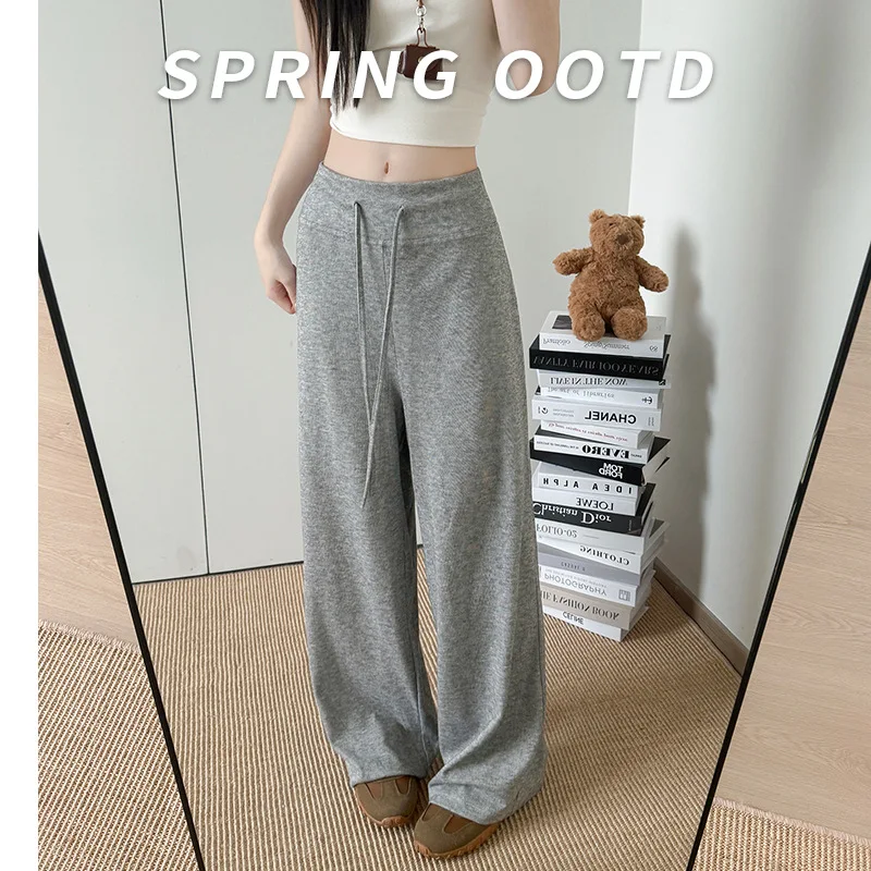 المرأة الربيع والخريف جديد ارتفاع الخصر الرباط عارضة مستقيم يغطي الرجل السراويل الرياح انزلاق واسعة الساقين