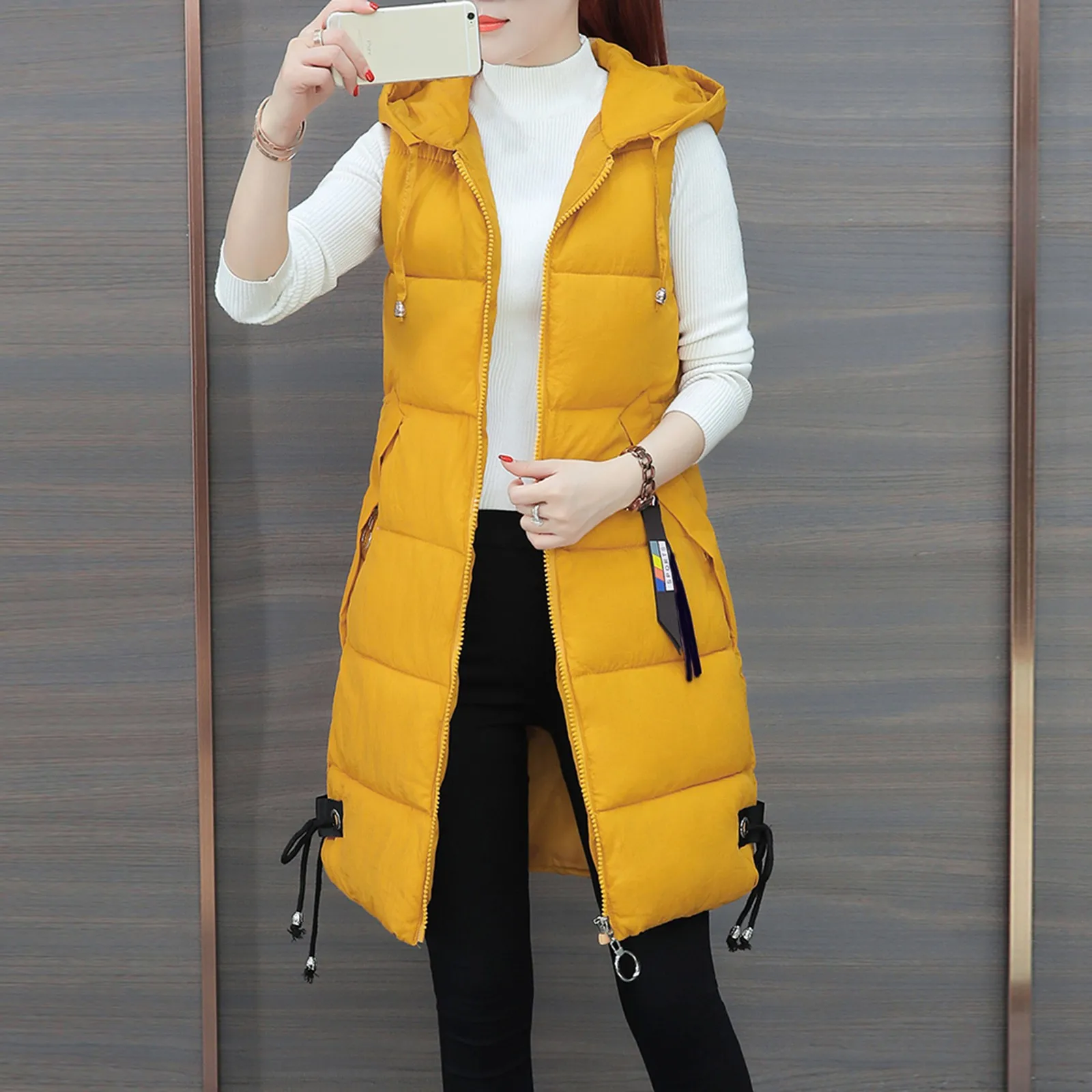 Women Casual Solid Coat Hooded Vest Zipper Pocket Loose Sleeveless Knee-Length Long Coat Winter Plain Keep Warm Down Jacket