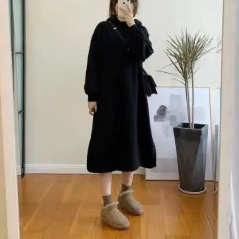 2023 Autumn and Winter Women's Hooded Drawstring Pockets Loose Solid Underlay Fashion Casual Elegant Commuter Long Sleeve Dress