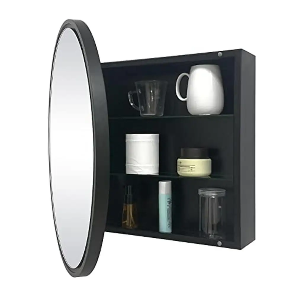 Round Bathroom Mirror Cabinet Wall Mount Storage Farmhouse Style Metal Black 28"x28" Slow Close Door