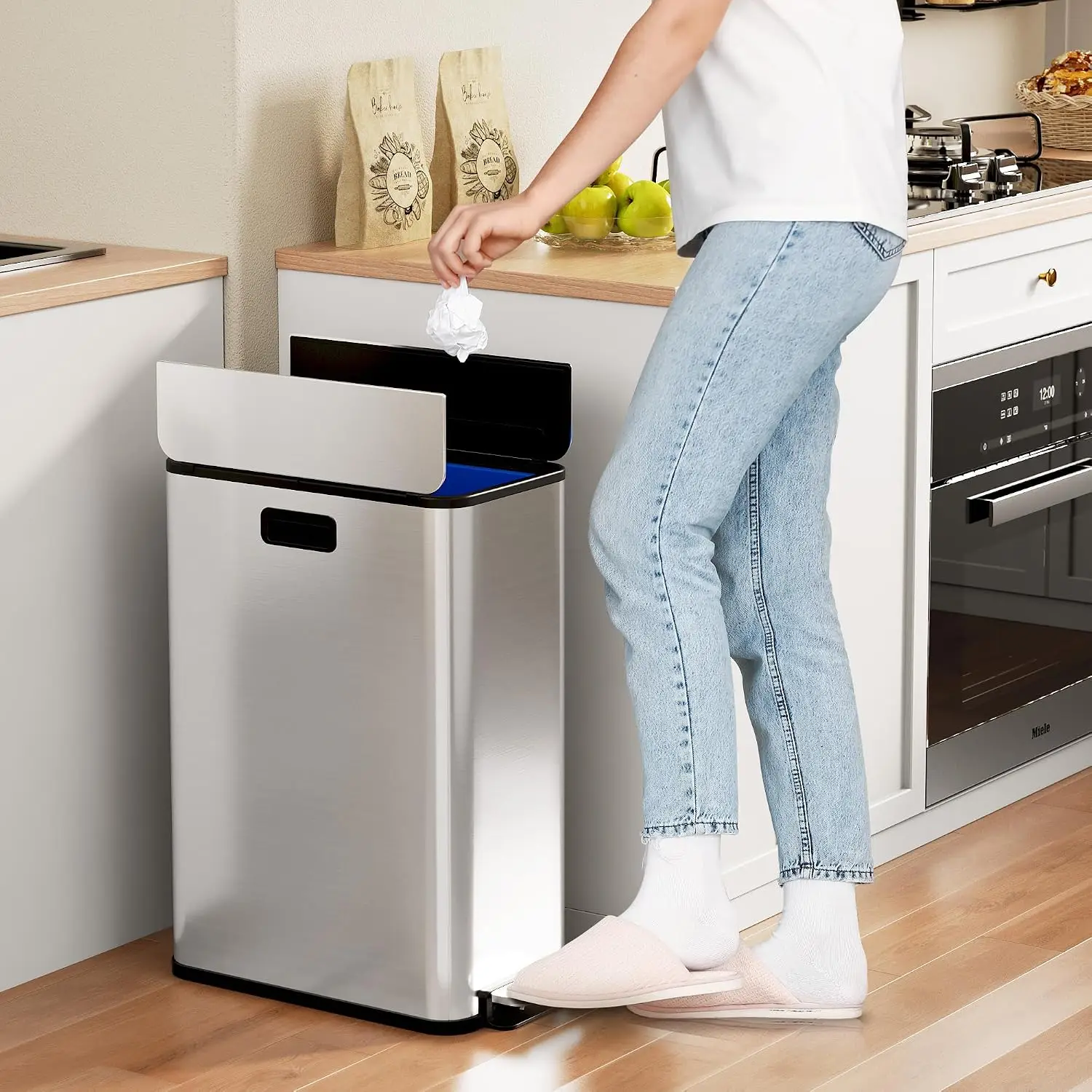Freestanding Stainless‑Steel & Plastic Kitchen Step Trash Can, 2×28L 15Gallon Dual Compartment Waste Bin with Butterfly Lid Removable Inner Buckets Odor‑Proof Fingerprint‑Resistant Slim for Home Kitchen Waste Sorting