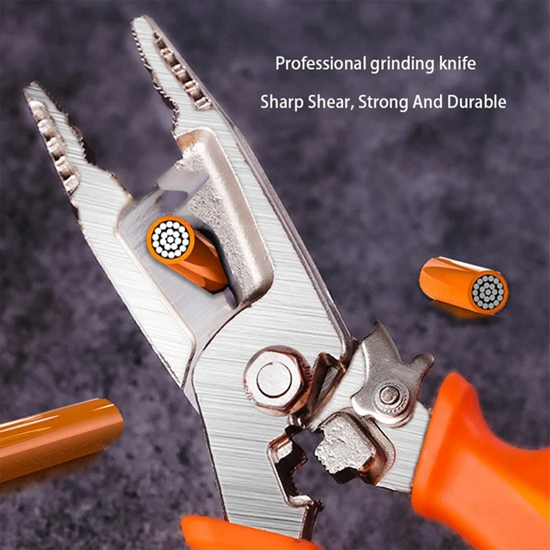 Orange Wire Stripper Pliers Tool With Tail Cutter, 8Inch Multifunctional Wire Stripping Crimping Tool For Electrician & Lineman