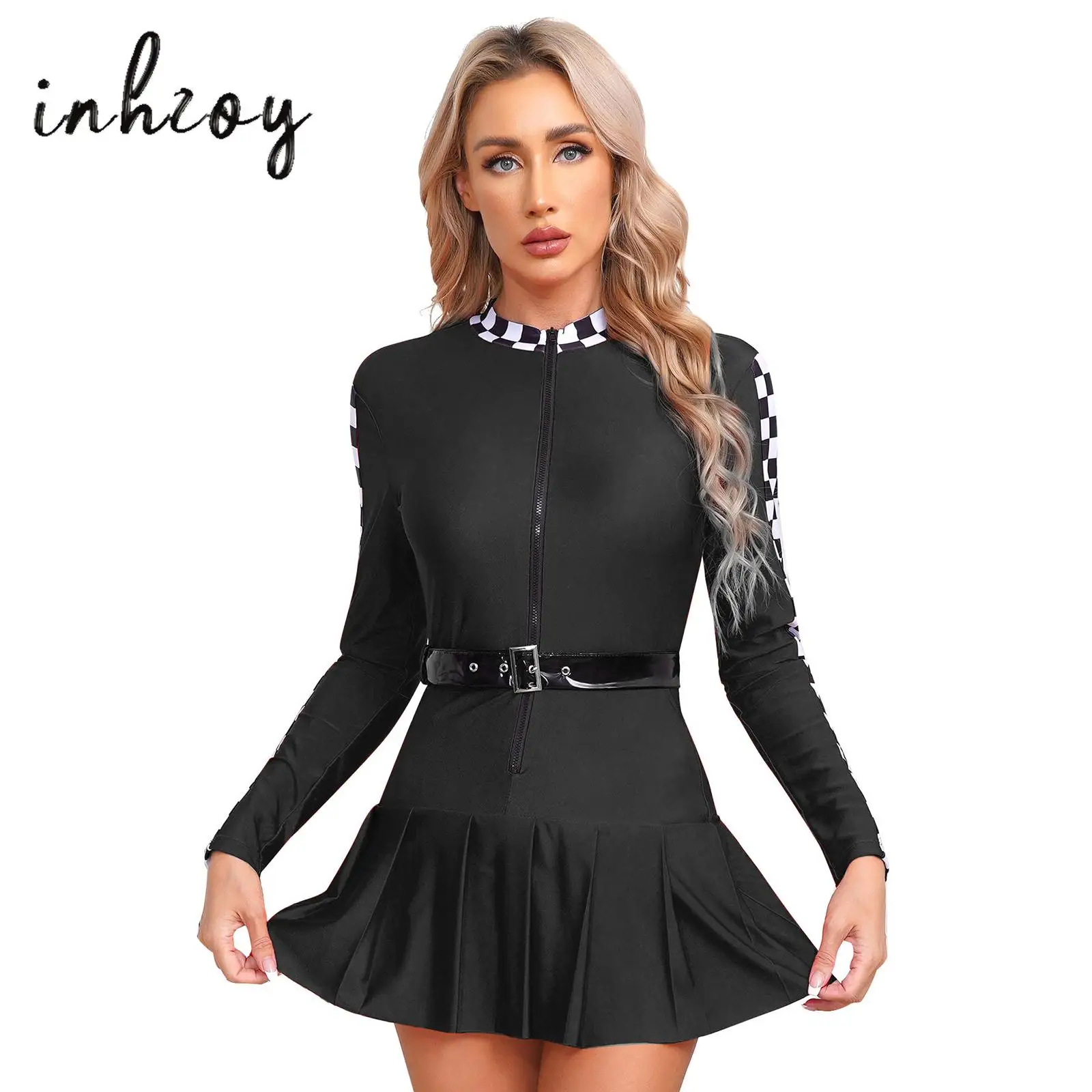 

Womens Checkerboard Racer Dress Halloween Cosplay Clubwear Long Sleeve Front Zipper Pleated Skirt Racing Driver Dress with Belt