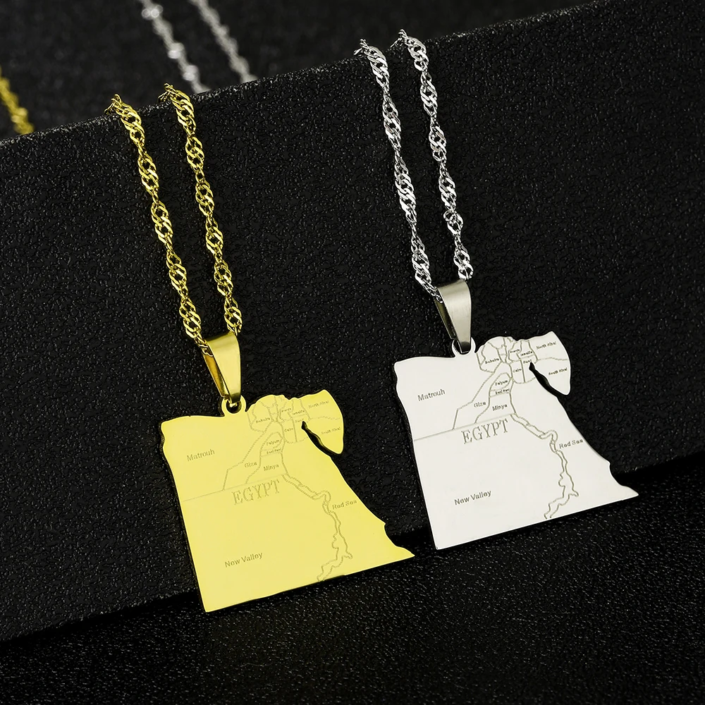 

Trendy US EU Hot Sale Stainless Steel Egypt Map City Pendant Necklace Unisex Couple Ethnic Style Patriotic Jewelry Gift
