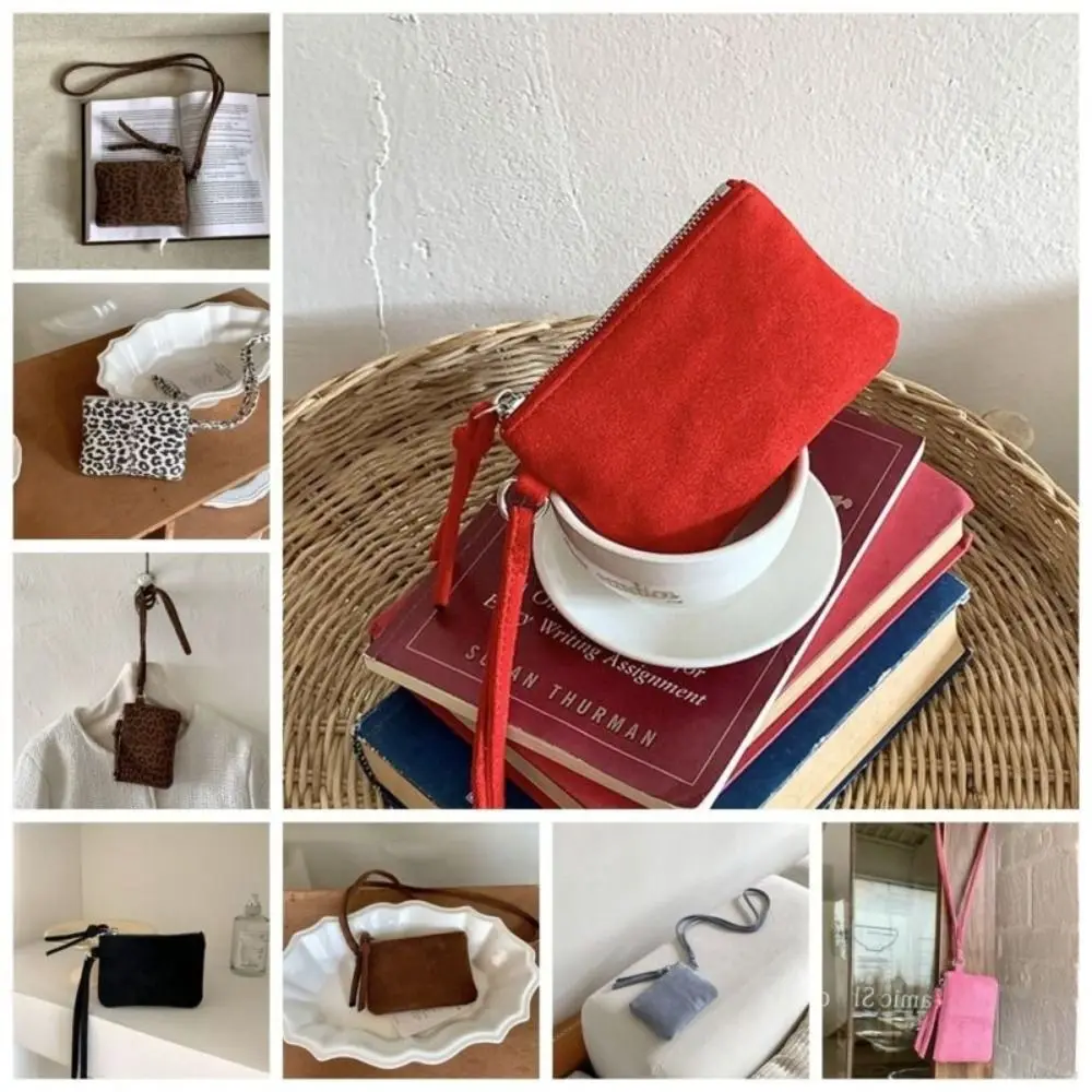 レオパード柄スエード小銭入れ財布リップスティックキーバッグ女性用ショルダーバッグポータブルミニ収納バッグトラベルネックバッグ