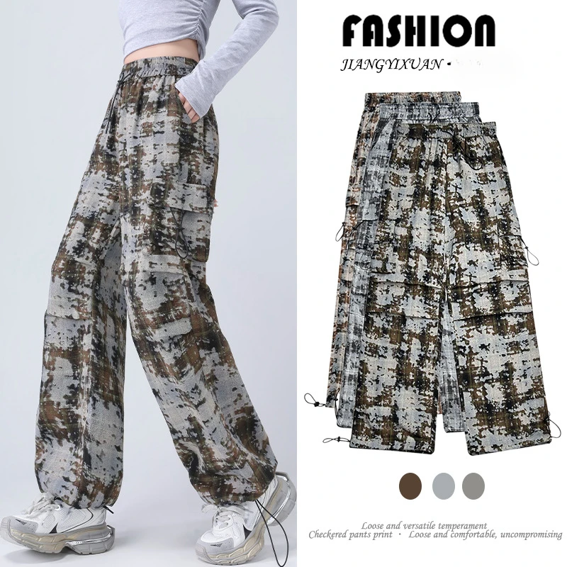 Spodnie damskie i capris inspirowane stylem vintage w kratkę z nadrukiem Tie-Dye z wysoką talią i wąską sylwetką