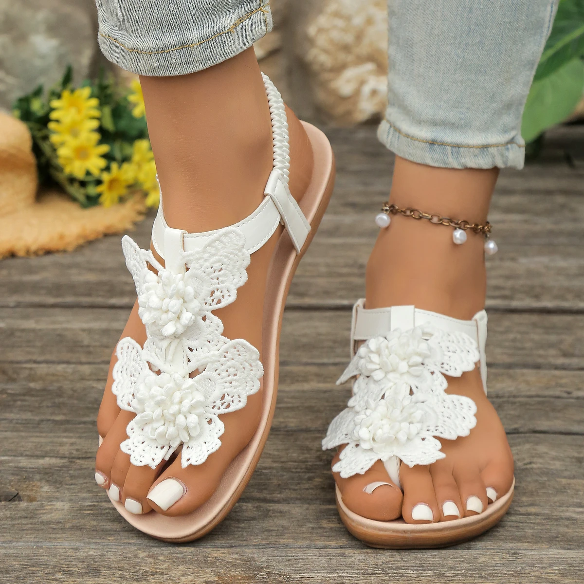 Elegant White Lace Crochet Butterfly Sandals Woman Summer Thick Sole Flower Flip Flops Ladies Beach Holiday  Floral Bride Shoes
