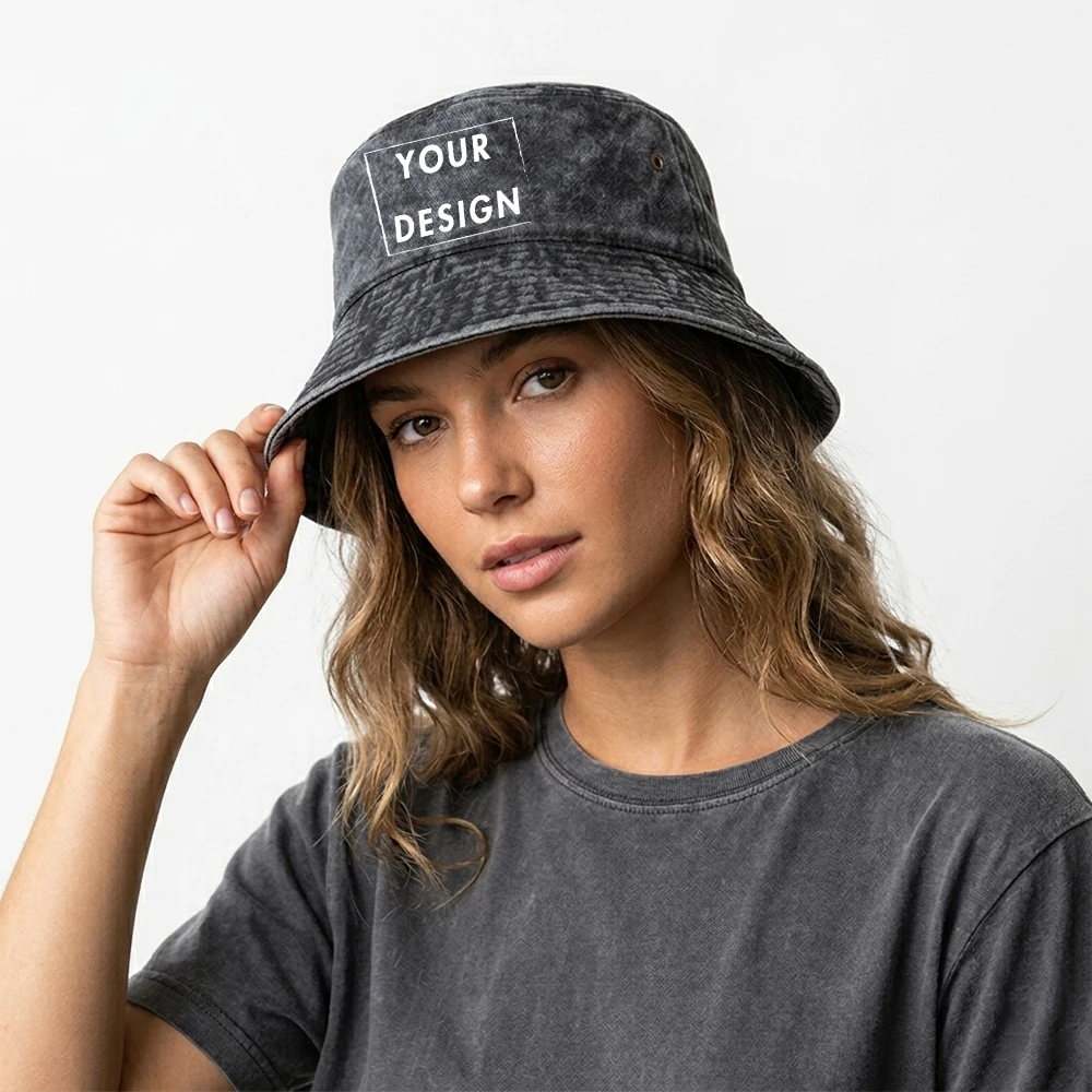 Custom Washed Vintage Bucket Hat Personalized Bucket 100% Cotton Hat Your Design Here Fashion Customized Hat Gifts Made In USA view 2