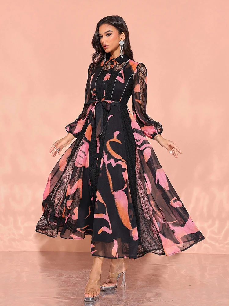 TOLEEN 2pcs/Set Women Elegant Random Lace Print Dress 2025 New Summer Fashion Casual Vintage Formal Party Evening Long Dresses