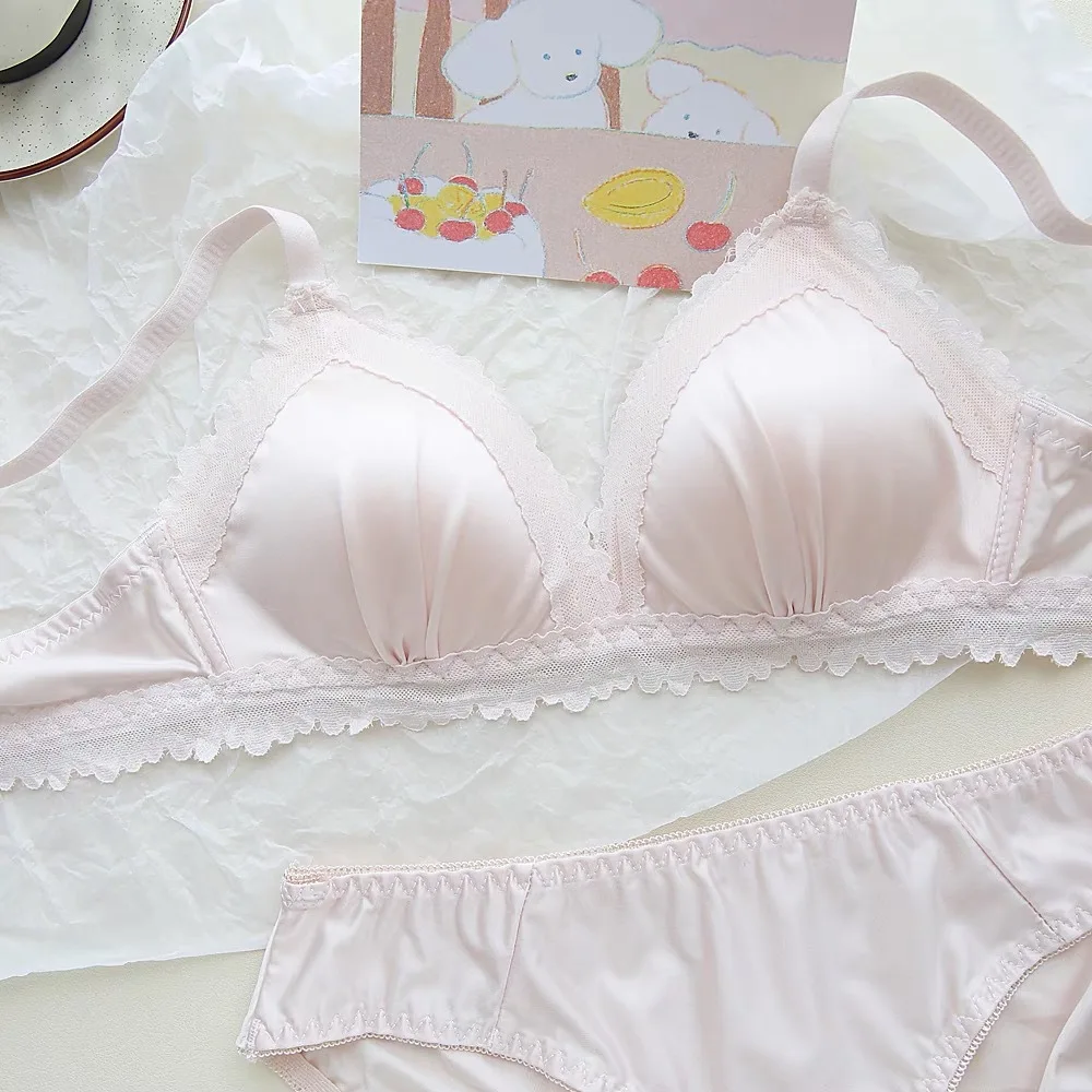 Sexy Lace Bra Set Teenage Thin Section Underwear Female Satin Lace Sweet Pure Desire Gathered Anti-Sagging Triangle Cup Bra