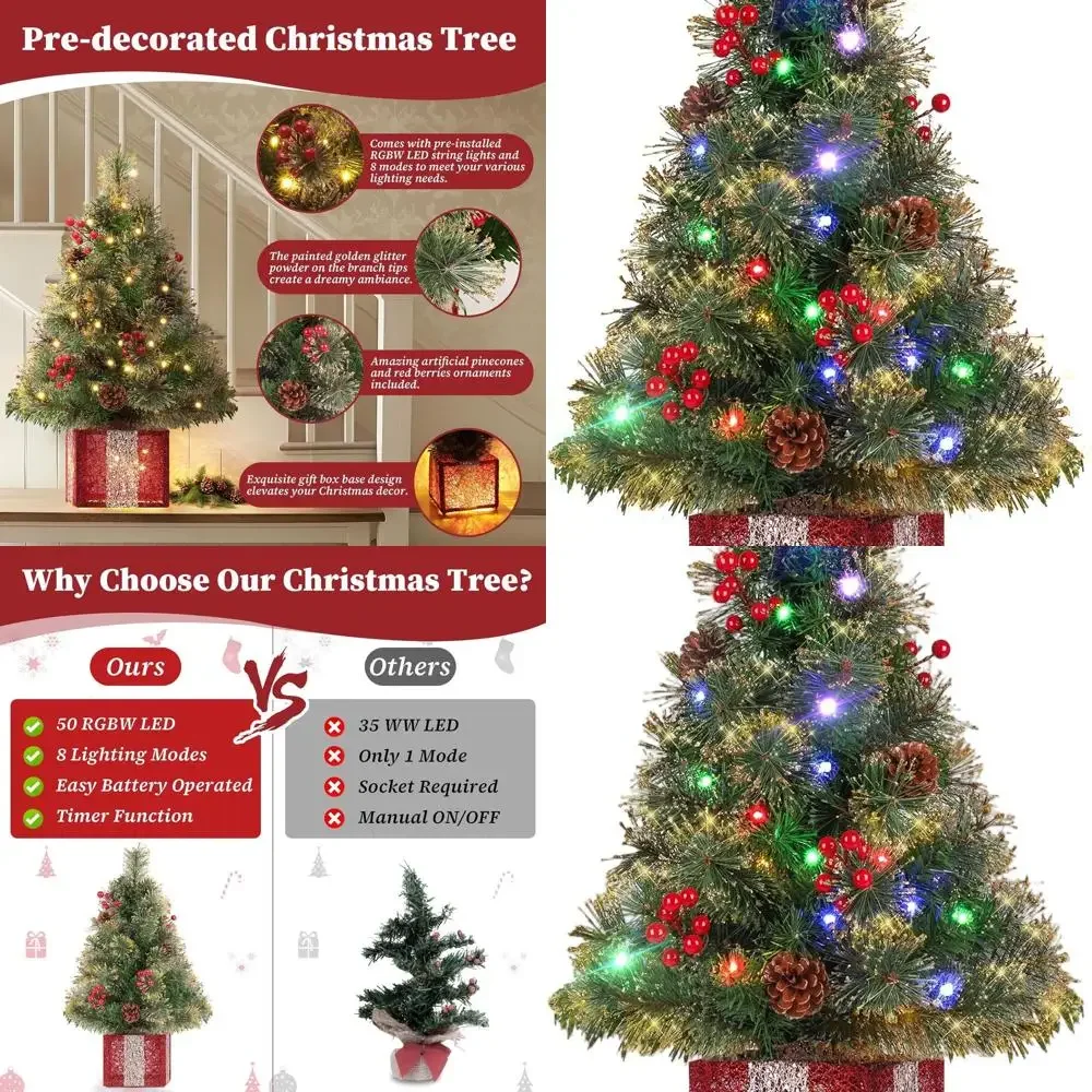 

2-Foot Battery-Powered Mini Christmas Trees with Gift Box Base and Ornaments, Easy Setup for Bedroom
