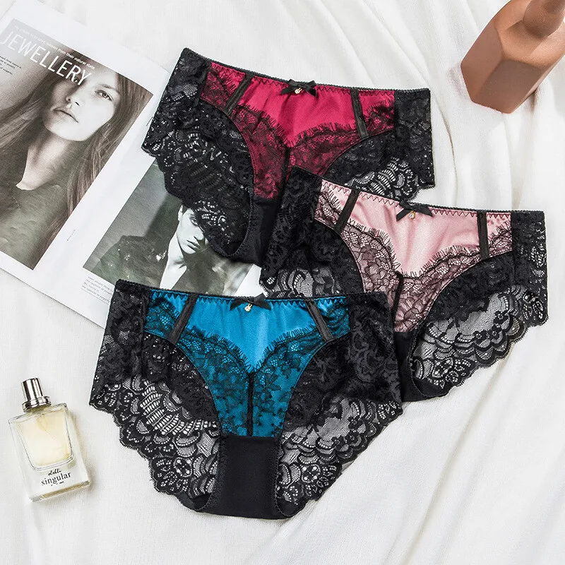 

3 Pairs Mulberry Silk Underwear French Sexy Lace Seamles Women Briefs Lady Pant