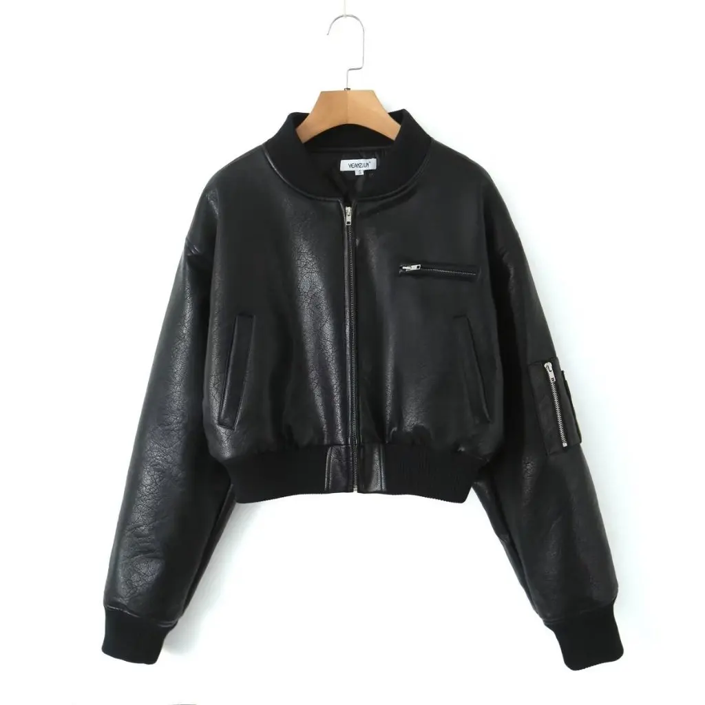

Women's Retro PU Leather Cotton-Padded Jacket Stand Collar Zipper Short Baseball Uniform Top for Autumn Winter Hot Girl