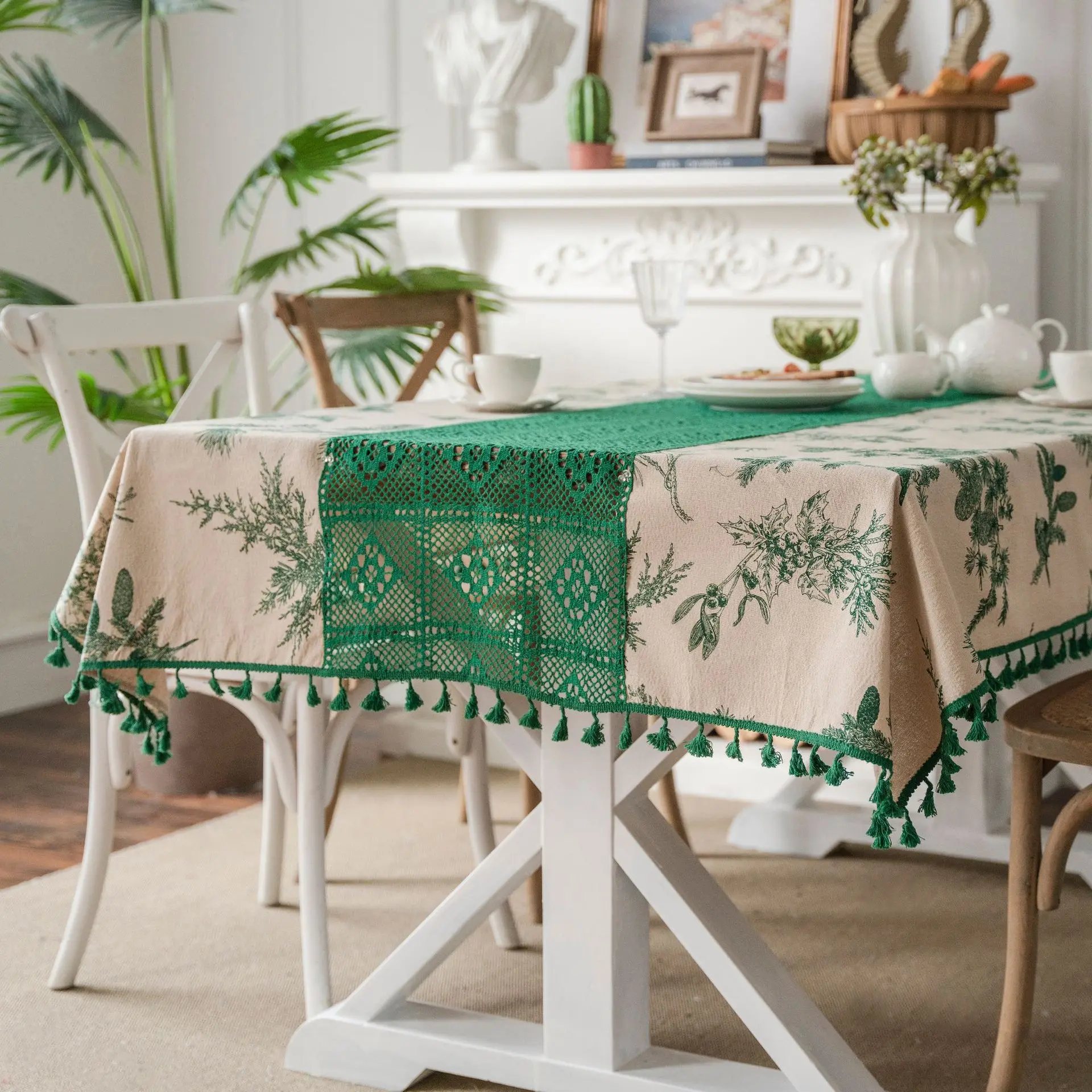 Tablecloth Pine Branch Print Hollow Splicing Small Fresh Table Cloth Dining Room Cloth Table Cloth