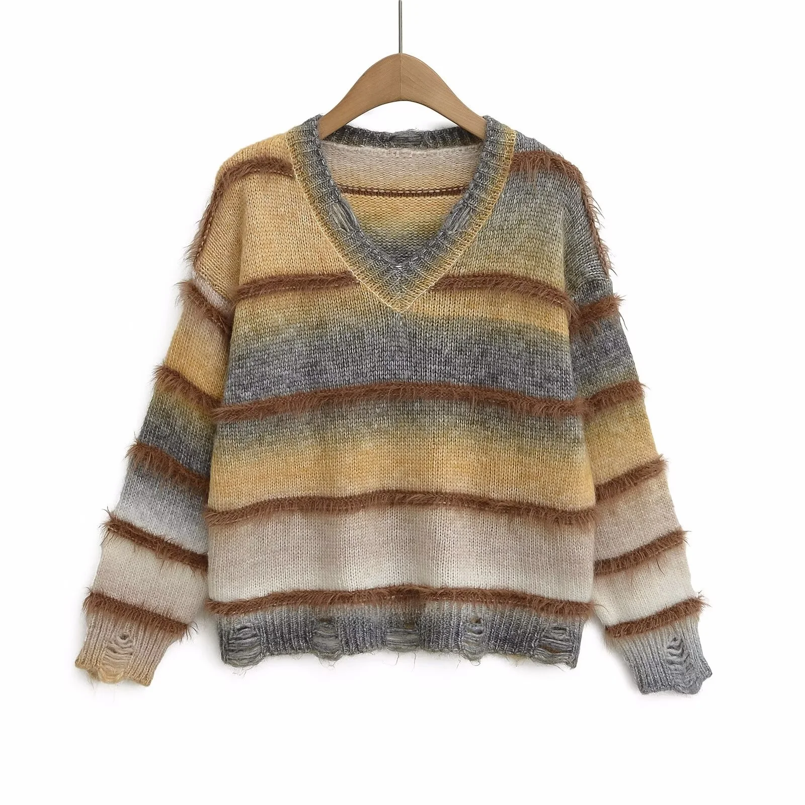 Spring Faion V-ne Stripes Sweater Women Sle Design Polyester Fiber Long Sve Crew Ne Regular Length JNLEOAOG