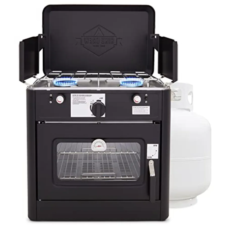 

CSA Approved Portable Propane Camping Oven, 2-Burner Gas Stove with Auto Ignition, Outdoor Baking & Grilling Safety Kit