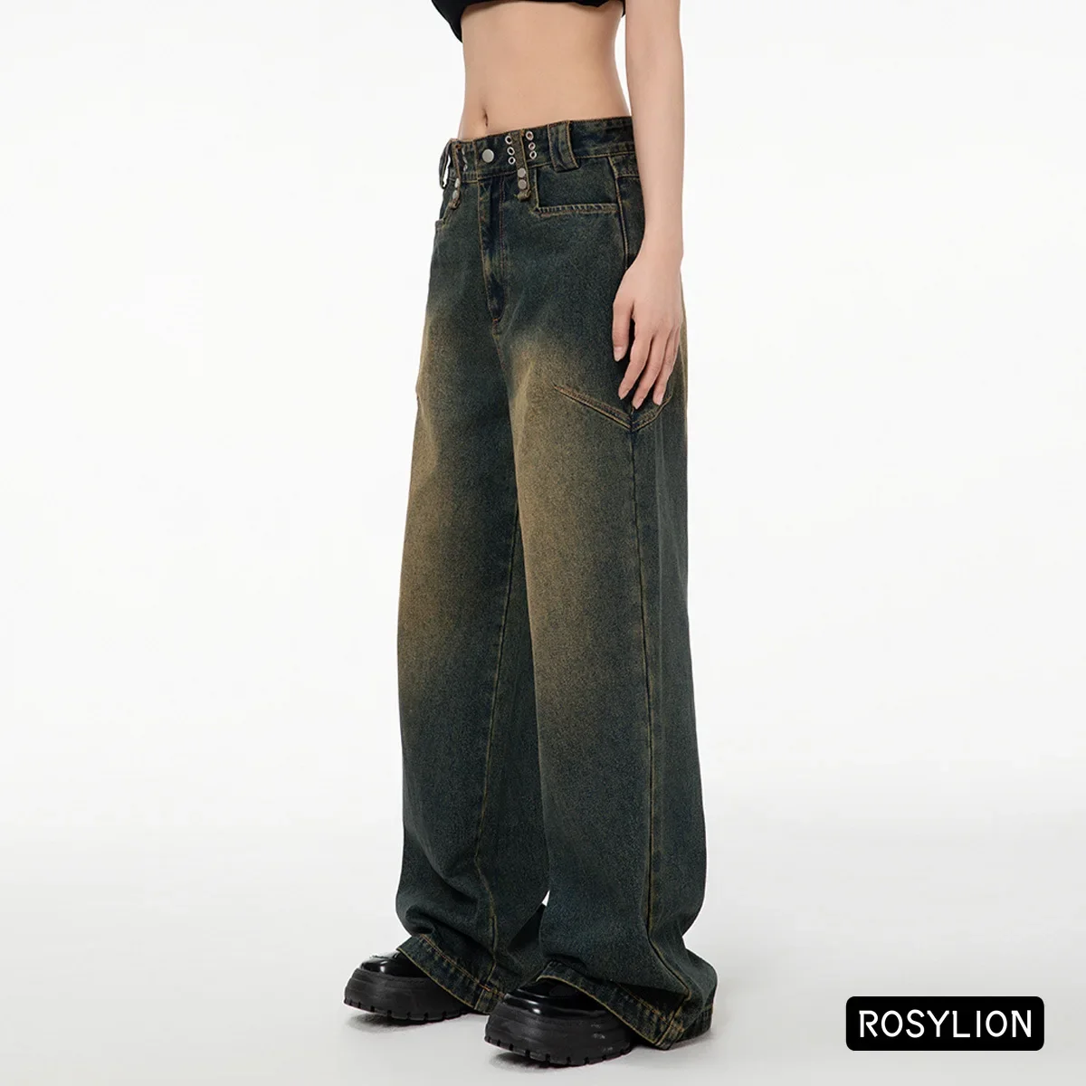 Ladies Retro Blue Distressed Jeans Metal Decoration High Waist Long Loose Wide Leg Straight Cotton Couple Trousers for Women