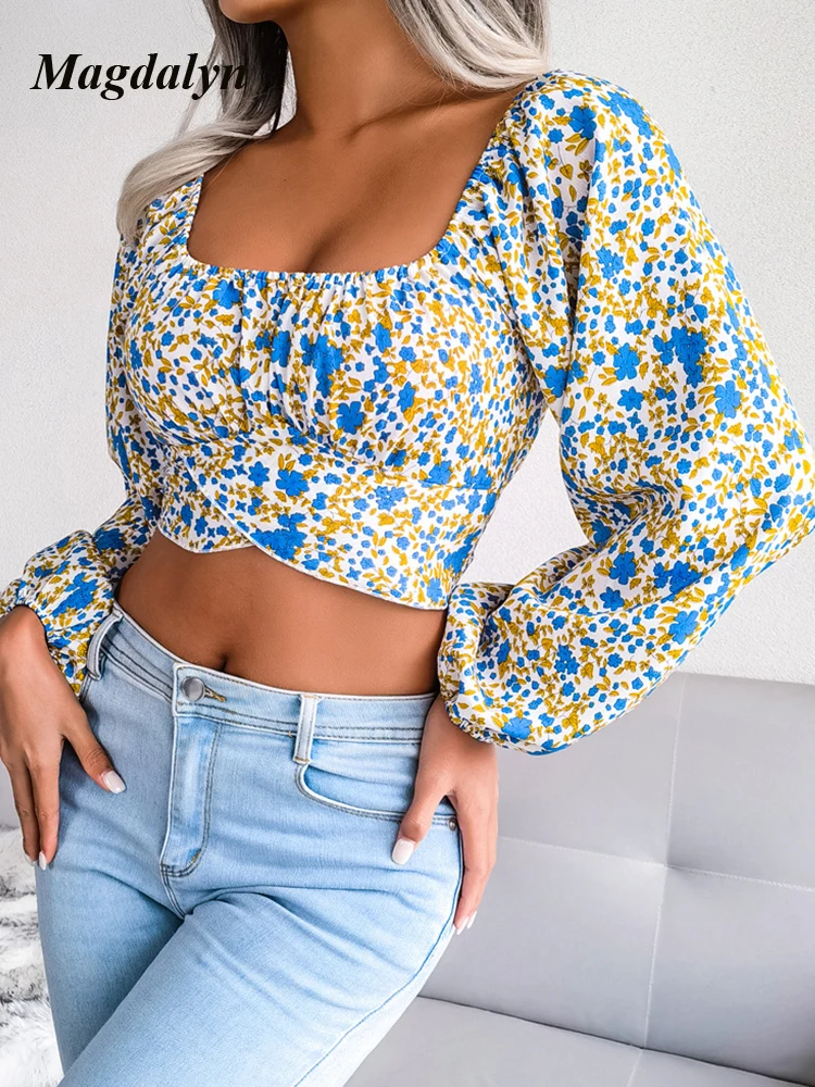 Magdalyn Floral Print Long Sleeve Shirt Fashion Bow Slim Chiffon Blouse Square Neck Elegant Beach Lady Shirts Backless Basic Top