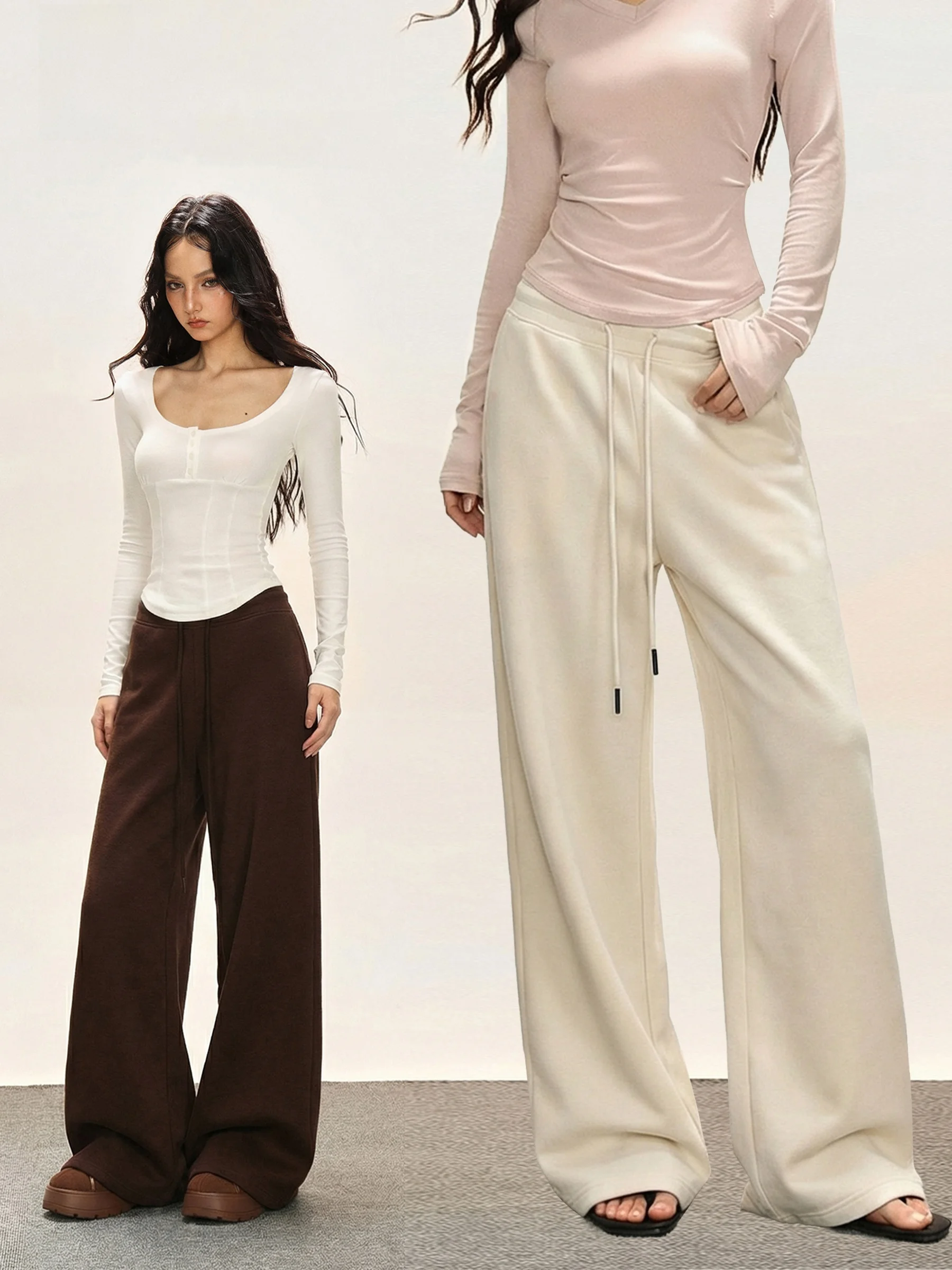 

High Waist Dstring Fce Wide Leg Pants Casual Loose Lazy Sle Women's Autumn Winter Straight Tube Floor-Length Sweatpants