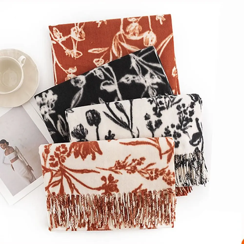 

Fashion Thickened Imitation Cashmere Scarf Floral Print Cold-proof Women's Shawl Tassel Neck Warmer Long Scarf Autumn Winter