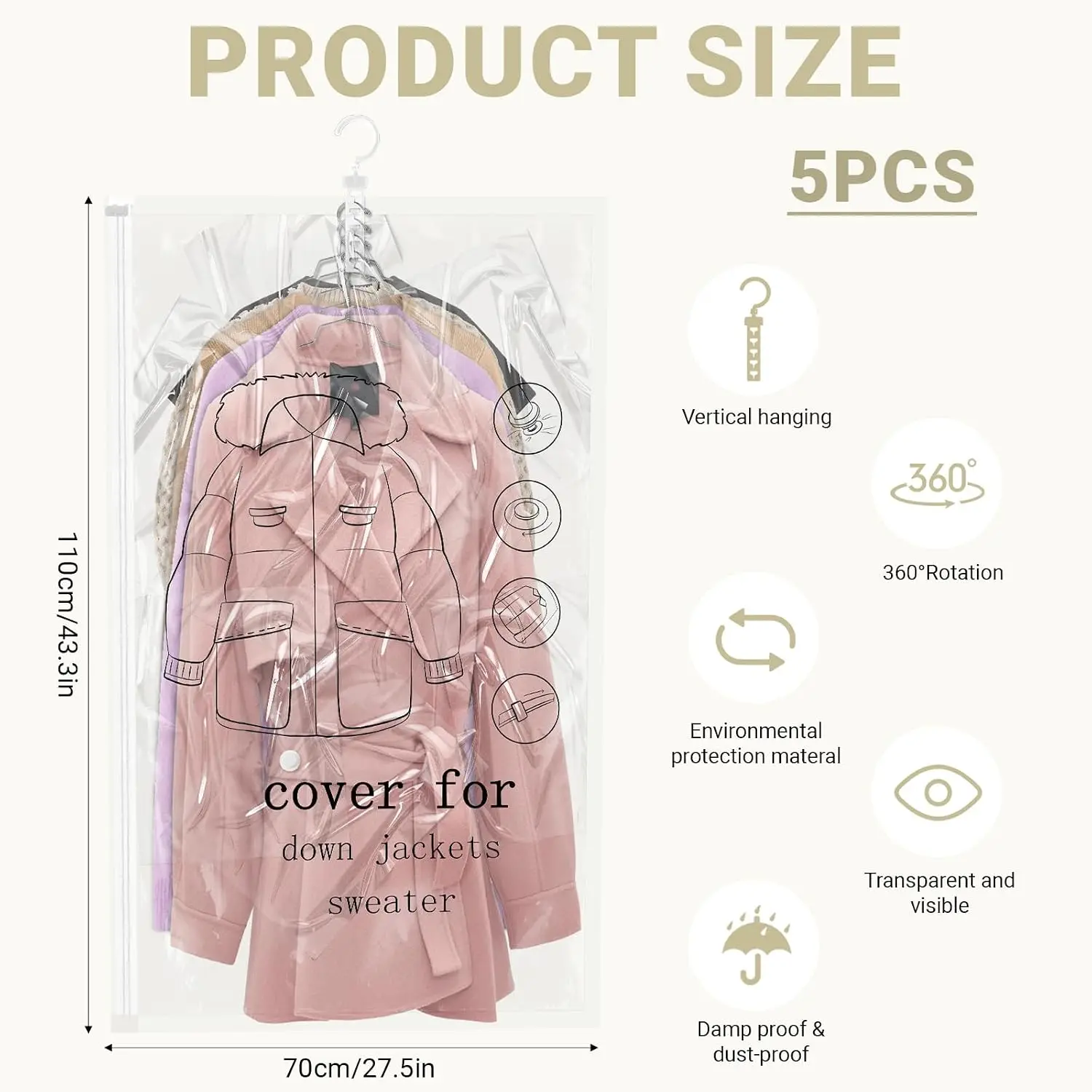 Hanging Vacuum Storage Bags Reusable Space Saver Bags for Clothes Vacuum Seal Storage Bag Dresses Space Bags for Suits, Coats