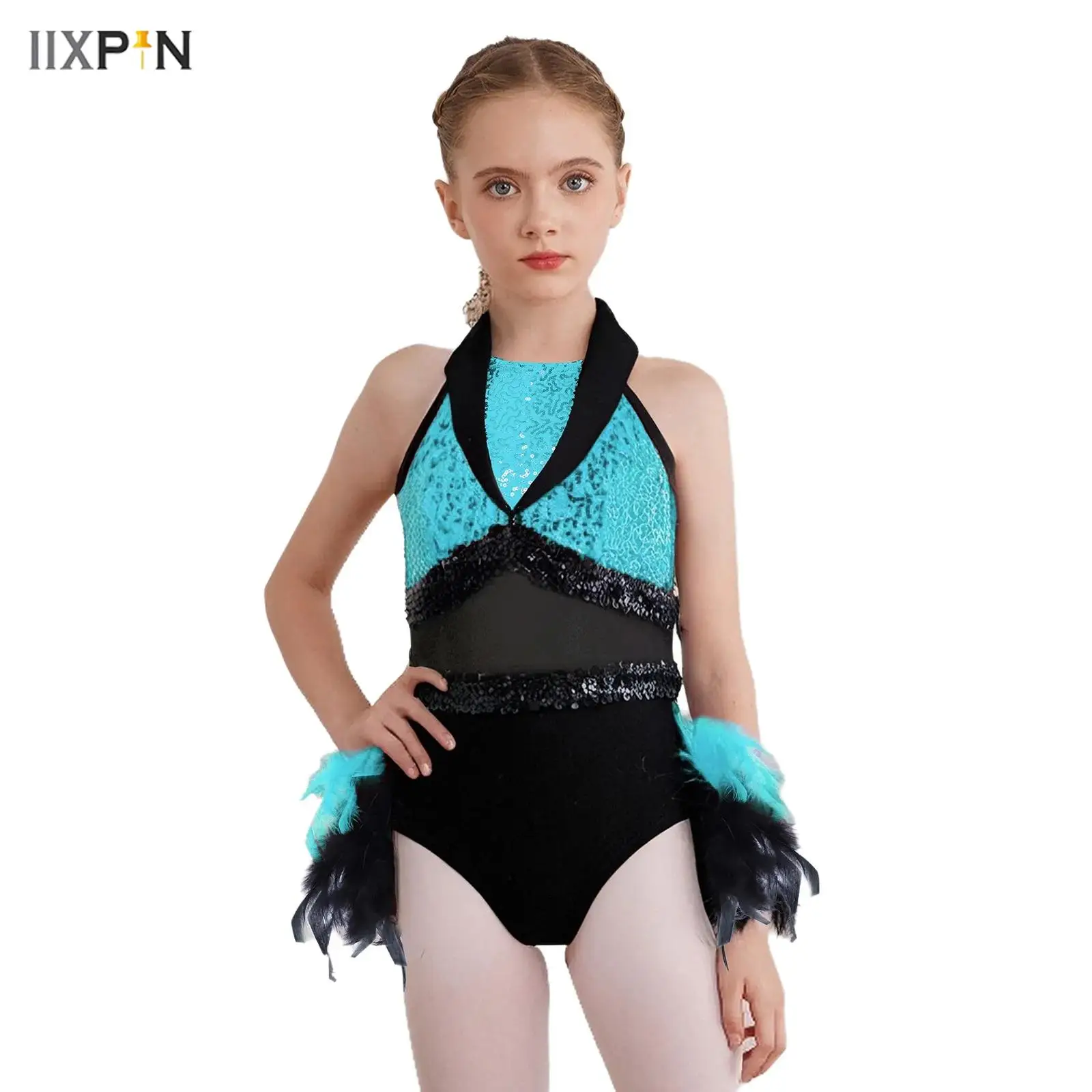 

Shiny Sequins Feather Latin Jazz Dance Dress for Kids Girls Turn-Down Collar Sleeveless Sheer Mesh Color Block Leotard Dancewear