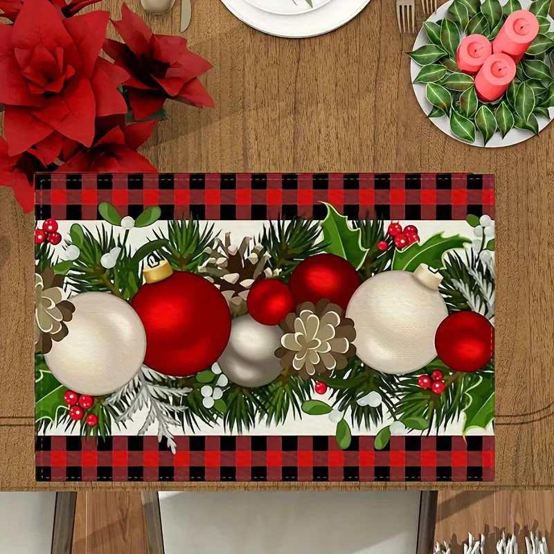 VIKAMA Christmas Placemats Red‑Black Plaid Pine Cone Linen Table Mats Heat‑Resistant Washable for Holiday Kitchen Dining Decor