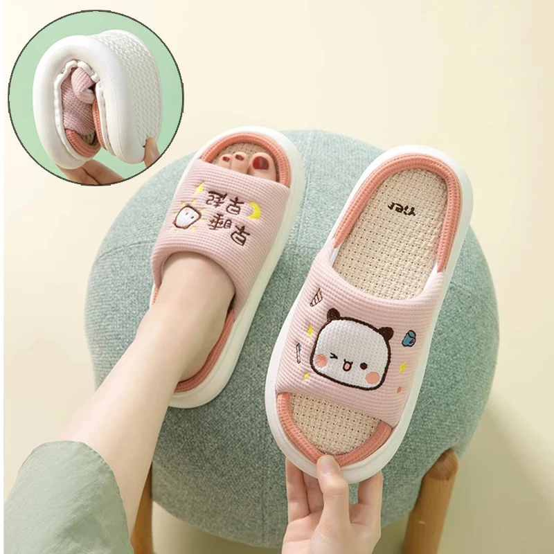 New Bubu Bubu Panda Women Slippers Home Outdoor Couple Shoes Mitao Cat Linen Leisure Non-Slip Thick Sole Summer Breathable Cool