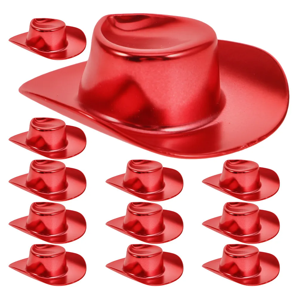 12 Mini Sombreros Vaqueros con Purpurina Rojos de Plástico, Mini Sombreros del Oeste para Fiestas, Manualidades, Llaveros, Decoraciones para Cupcakes, Sombrero Rojo para Fiestas