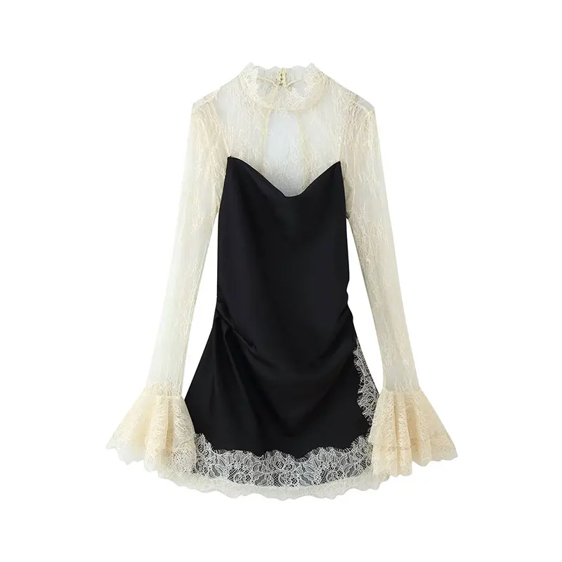 NLZGMSJ Sexy Club Chic Women Dress O-Neck Backless Long Sleeve Lace Patchwork Mini Dress Fashion 2026 Spring Party Dress