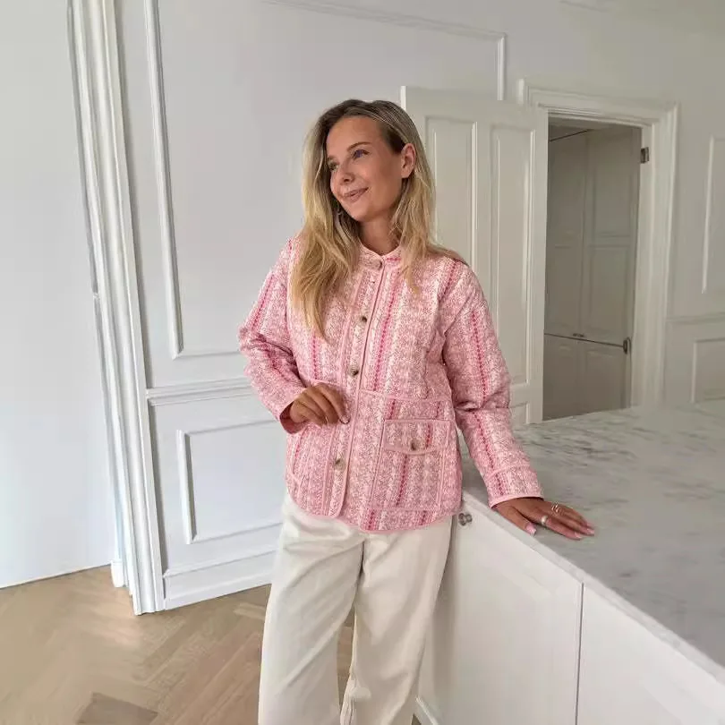 

Women's Long-Sleeved Cotton Jacket Autumn Fashion Single-Breasted Contrasting Color Loose Printed Outwear for Casual Wear