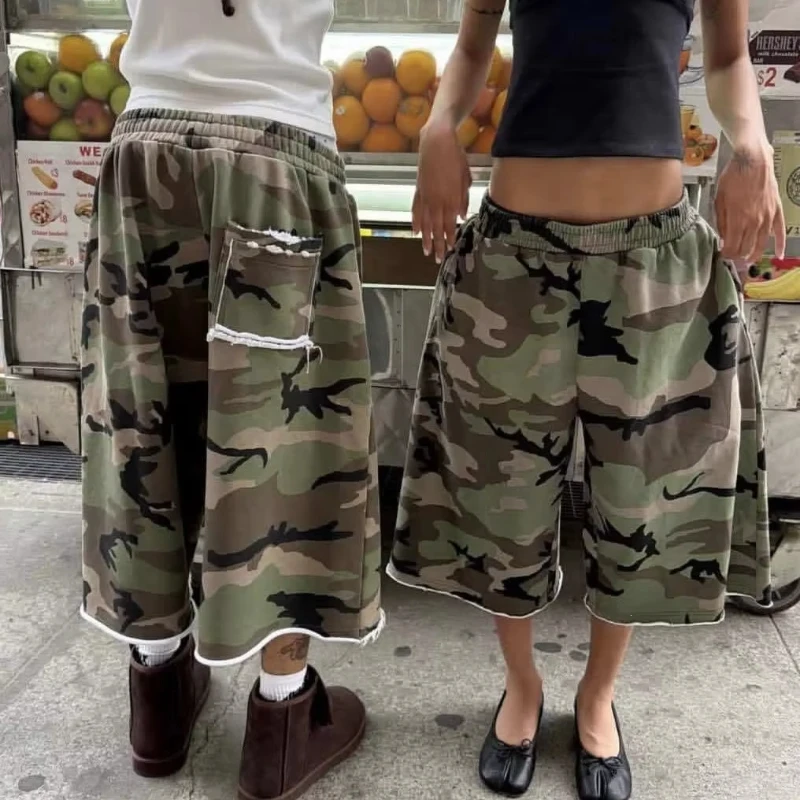 Fashion Trend Casual Retro Y2K Camouflage Print Wide Leg Pocket Hip Hop Harajuku Streetwear Calf-length Trousers Women's Clothes