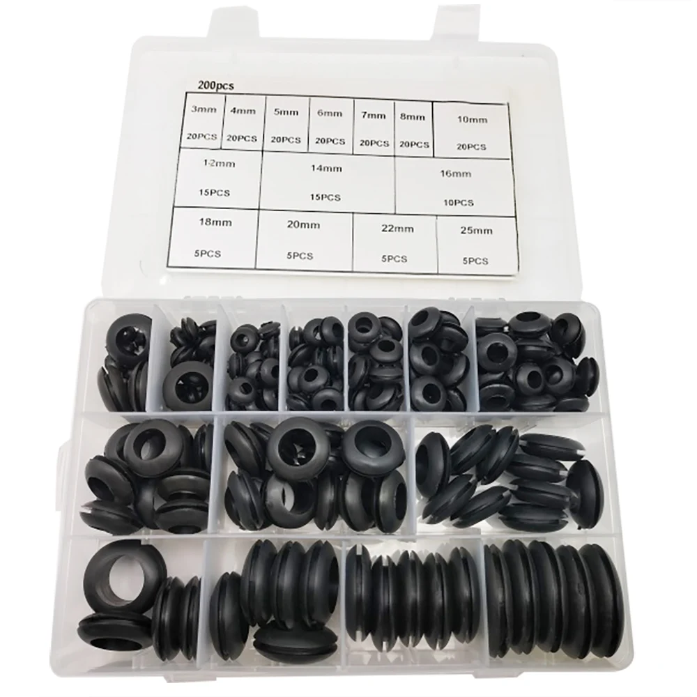 200Pcs Rubber Grommets Kit – 14 Sizes Firewall Rubber Hole Plugs Assortment, Rubber Grommets for Wiring, Electrical, Home DIY