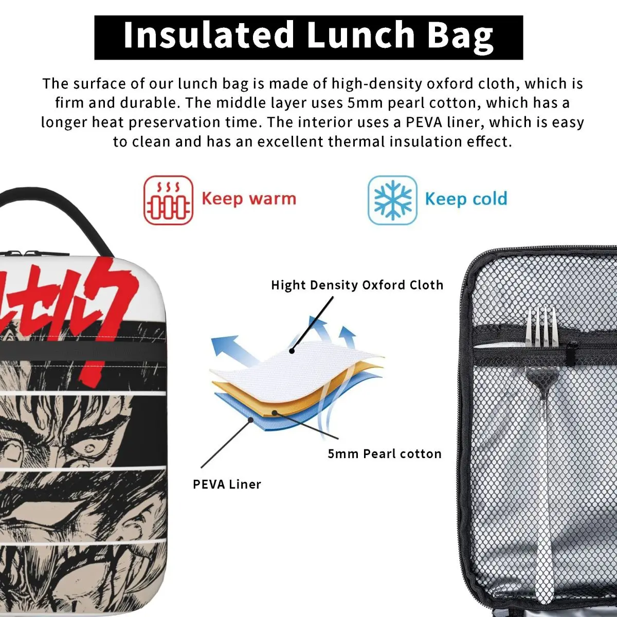 انمي ياباني Berserk حقيبة الغداء الشجاعة كول مانغا علب الاغذية للطفل نزهة المحمولة حقيبة للحفاظ على البرودة أكسفورد الحرارية حمل حقائب اليد