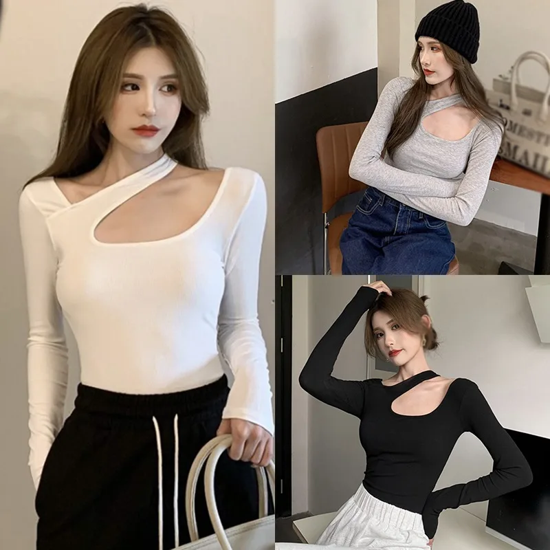 Women Tops Long Sleeves Casual T Shirts Halter Neck Off Shoulder Sexy Tops