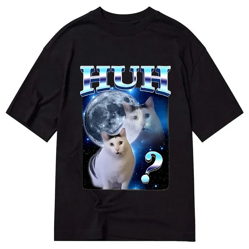 Confused Cat Meme T-Shirt Men Women Funny Y2K Aesthetic Galaxy Cat Graphic Print Oversized Casual Streetwear Short Sleeve Tops