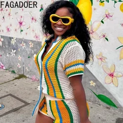 FAGADOER Summer New Stripe Splicing Hollow Knitting Two Piece Sets Women V Neck Button Top And Shorts Outfits Female Streetwear