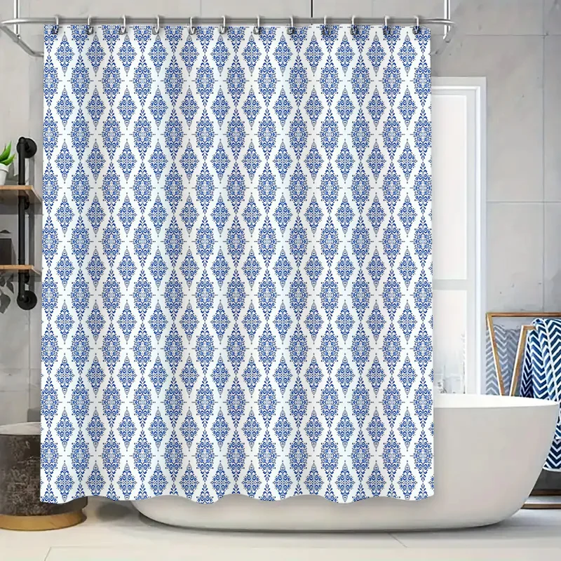 

Boho Shower Curtain Blue Mediterranean Pattern Bathroom Decor Teal Coastal Washable Fabric Liner Set