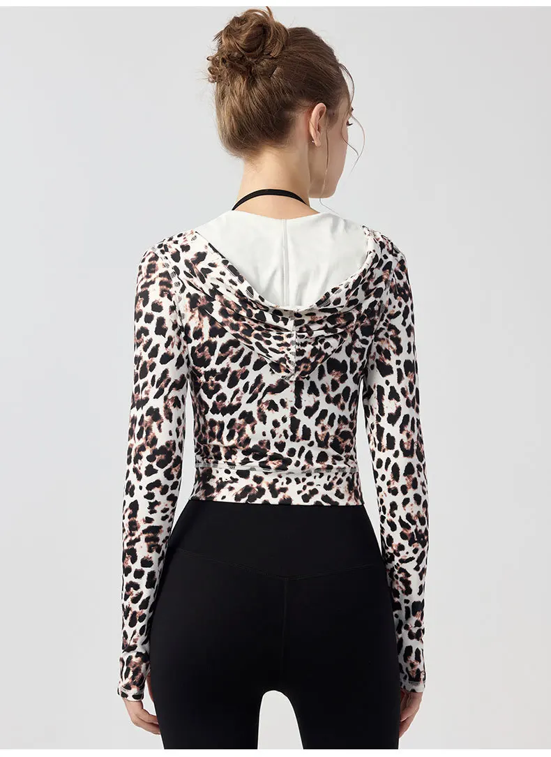 JHJN veste de sport pour femmes manches longues en plein air course Fitness hauts impression personnalisée imprimé léopard Yoga à capuche